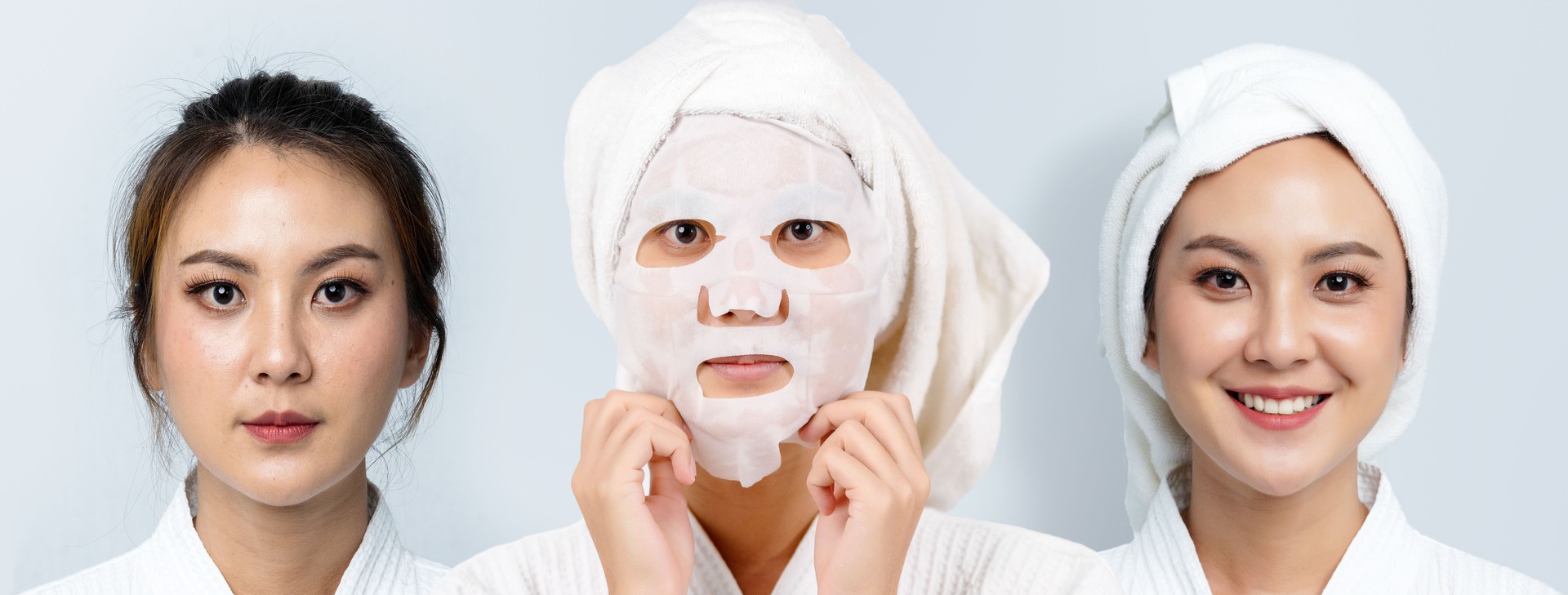 Comparison of Portrait of beautiful woman. Before - After skin care with facial mask concept, Beauty treatment process for rejuvenation, Skin Restoration Whitening, Moisturizing, Brightening.